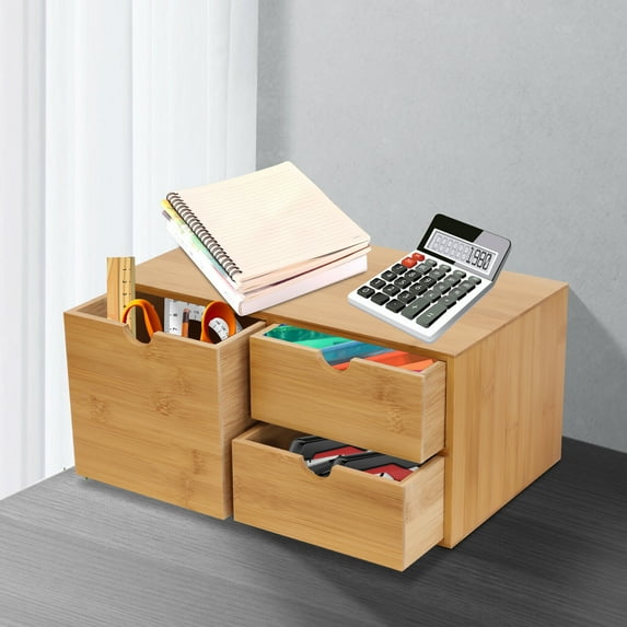 Miumaeov Bamboo Desk Organizer with 3 drawer Office Supplies and Desk Accessories for Office Home Toiletries Supplies Holder Storage Box 12.99*7.48*6.3inch