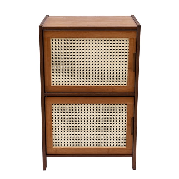 Miumaeov Bamboo Nightstand 2 Drawers Bedroom Furniture Bedside Cabinet Rattan Pattern End Table Sofa Side Table