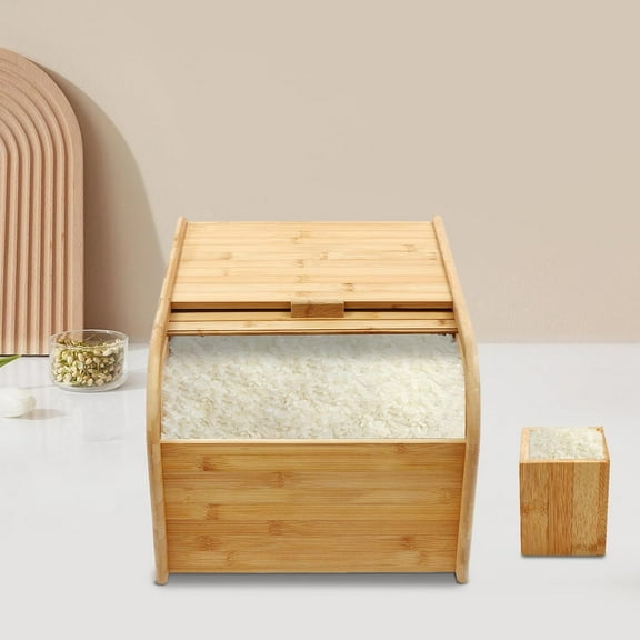 Miumaeov Bamboo Rice Storage Box, Dry Storage Container, with Sliding Lid and Measuring Cup,for Flour, Grains, Nuts, Beans (33LBS)