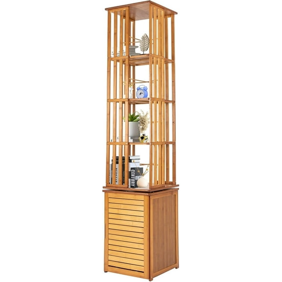 Miumaeov Bamboo Rotating Bookshelf, 6-Tier Bookcase with Storage Cabinet & Doors, 360 Revolving Narrow Storage Display Rack Standing Shelves for Living Room Study Room Office (Teal)