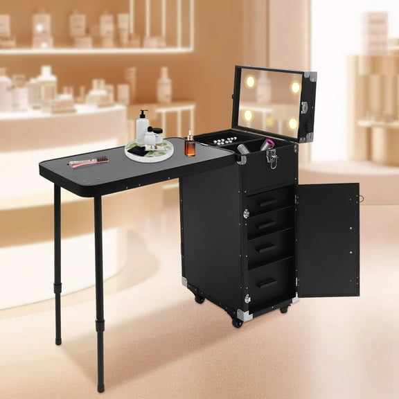 Miumaeov Black Professional Rolling Makeup Train Case Freestanding Comestic Storage Organizer Aluminum Manicure Table with Morror