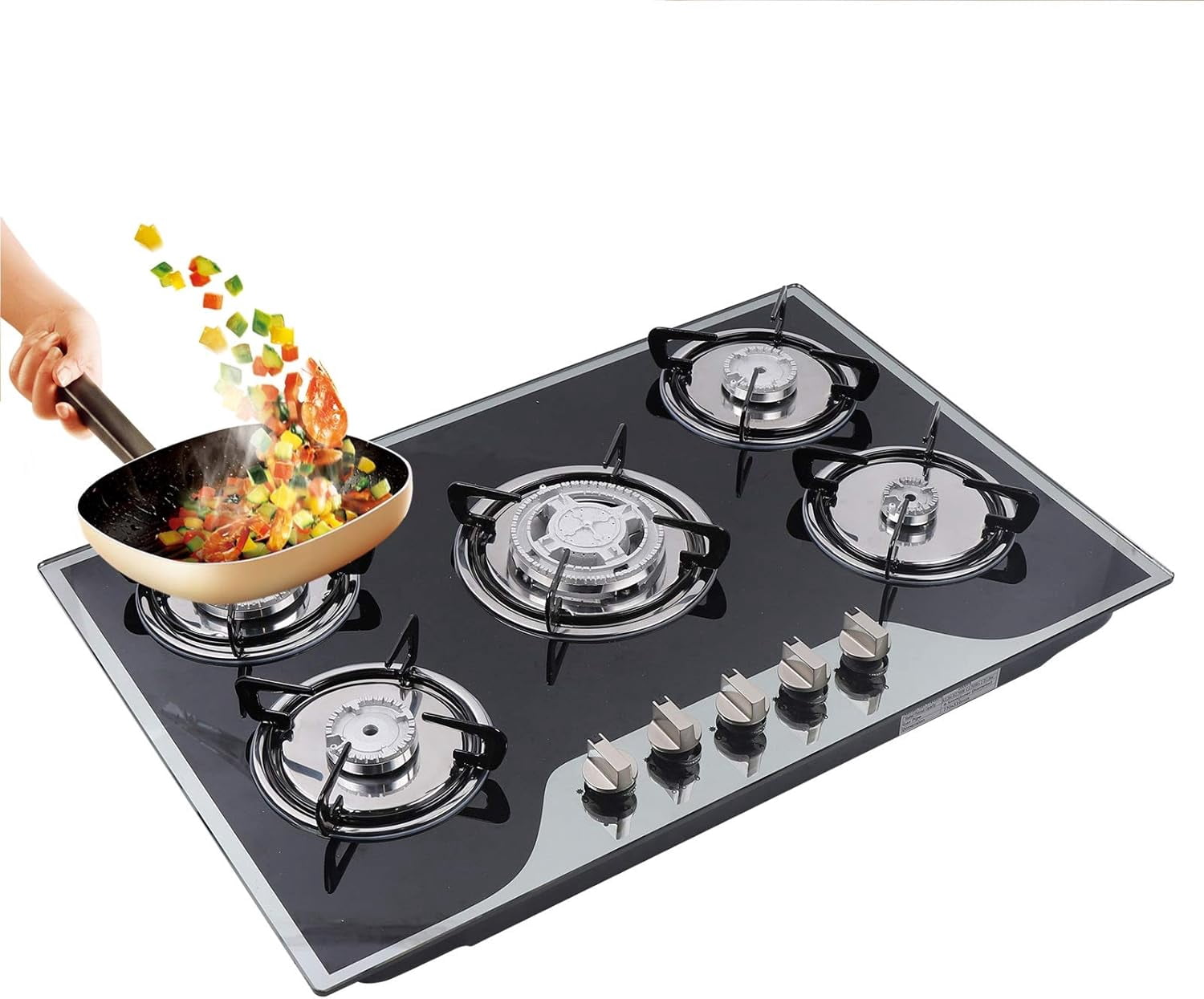 Miumaeov Built-in Gas Cooktop, 5 Burners Gas Stove with Tempered Glass Smooth Surface Automatic Pulse Ignition Countertop Stovefor Kitchen, NG/LPG Convertible
