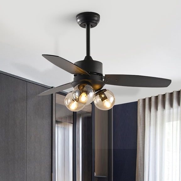 Miumaeov Ceiling Fan with 3-Lights and Remote Control 42" Height Adjustable Chandelier Fan with 3 Wooden Blades and Round Glass Lamp Shade Timing Function Fan Lamp for Hme Office Black