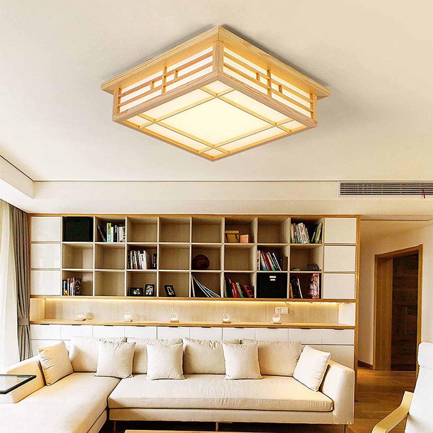 Miumaeov Ceiling Light Japanese Style Simple Modern LED Close to Ceiling Light Fixture Wooden Lampshade Stepless Dimming 110V (45*45*12cm)