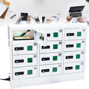 Miumaeov Cell Phone Locker with Charging, 12-Slot Steel Employee Phone Safe Cabinet, QC3.0 Fast Charging Station, Dual-Key Locking Small Locker for Classroom Office, White
