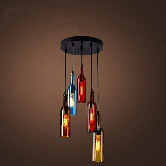 Miumaeov Chandelier Color Beer Bottle Round 5 Head Retro Industrial Color Glass Bottle Chandelier Creative Chandelier for Coffee Shop Attic Restaurant Decorative kitchen Island Bar