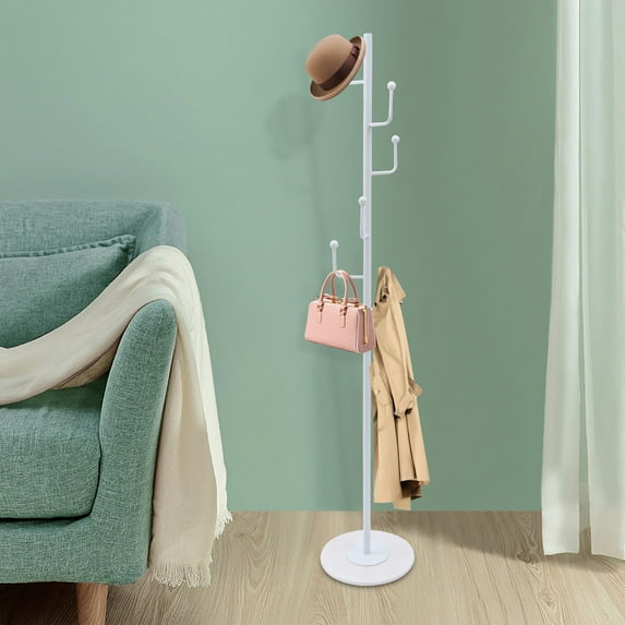Miumaeov Coat Rack with Stable Marble Base, 67-inch Modern Metal Clothes Stand Hall Coat Tree With 6 Hooks for Coats, Hats, Bags, Purses, for Entryway, Hallway, Bedroom, Office (White)