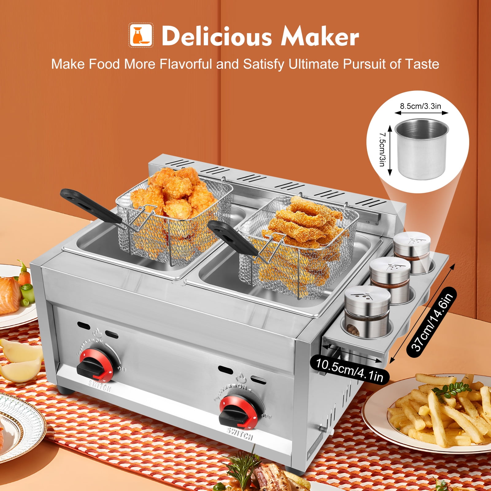 Miumaeov Commercial Countertop Gas Fryer Professional Deep Fryer Kits 6Lx2 Basket Stainless Steel Deep Fryer for Commercial and Home Use