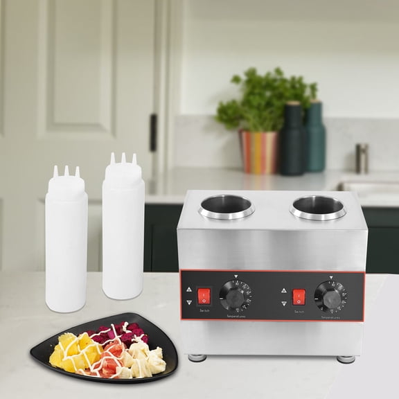 Miumaeov Commercial Sauce Warmer 2 Bottles Commercial Electric Sauce Warmer Dispenser Cheese Hot Fudge Cheese Caramel Jam Sauce Warmer 86-185℉ Adjustable