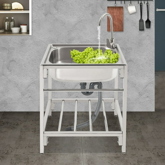 Miumaeov Commercial Single Bowl Kitchen Utility Sink Freestanding Stainless Steel Hand Wash Basin with Stand & Faucet