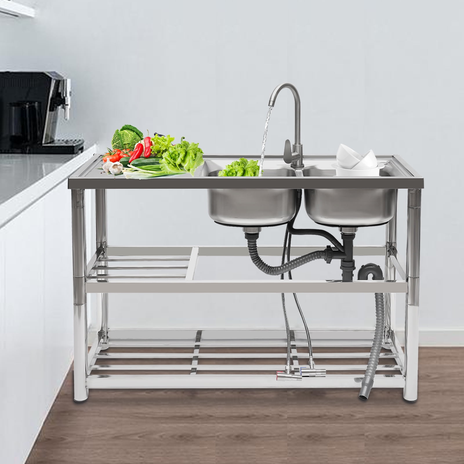 Miumaeov Commercial Sink Stainless Steel Free Standing Utility Sink 2 Bowl with Faucet Pipe Valve Restaurant Kitchen Prep Table 2 Compartment Sink 47.24x33.46x17.72in