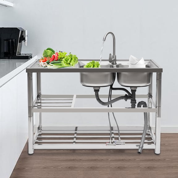 Miumaeov Commercial Sink Stainless Steel Free Standing Utility Sink 2 Bowl with Faucet Pipe Valve Restaurant Kitchen Prep Table 2 Compartment Sink 47.24x33.46x17.72in