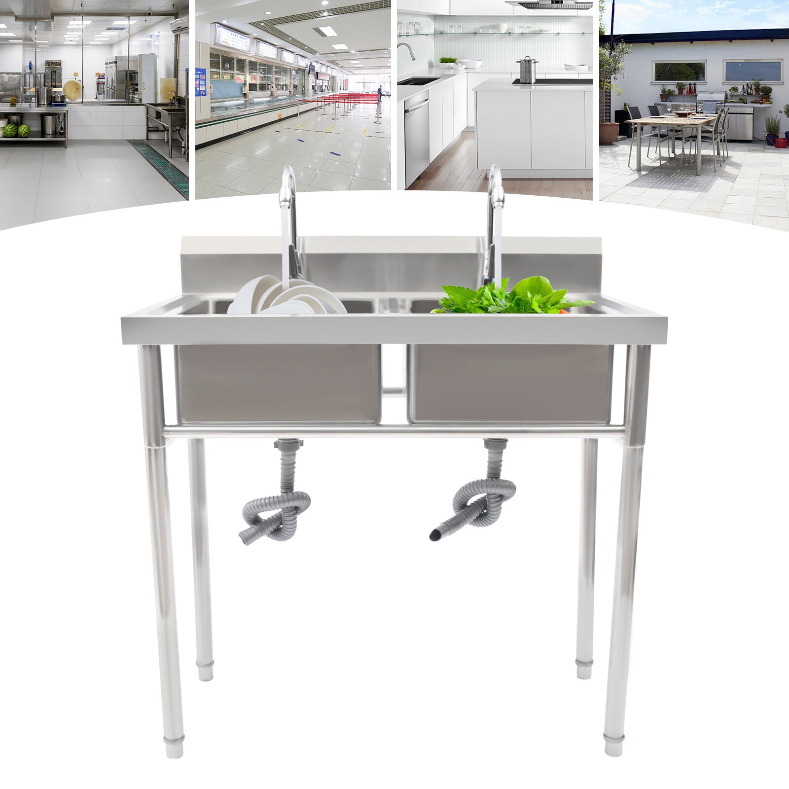 Miumaeov Commercial Sink Stainless Steel Utility Sink with Backsplash 2 Compartment Workbench Sink Freestanding for Restaurant Laundry Room Garages
