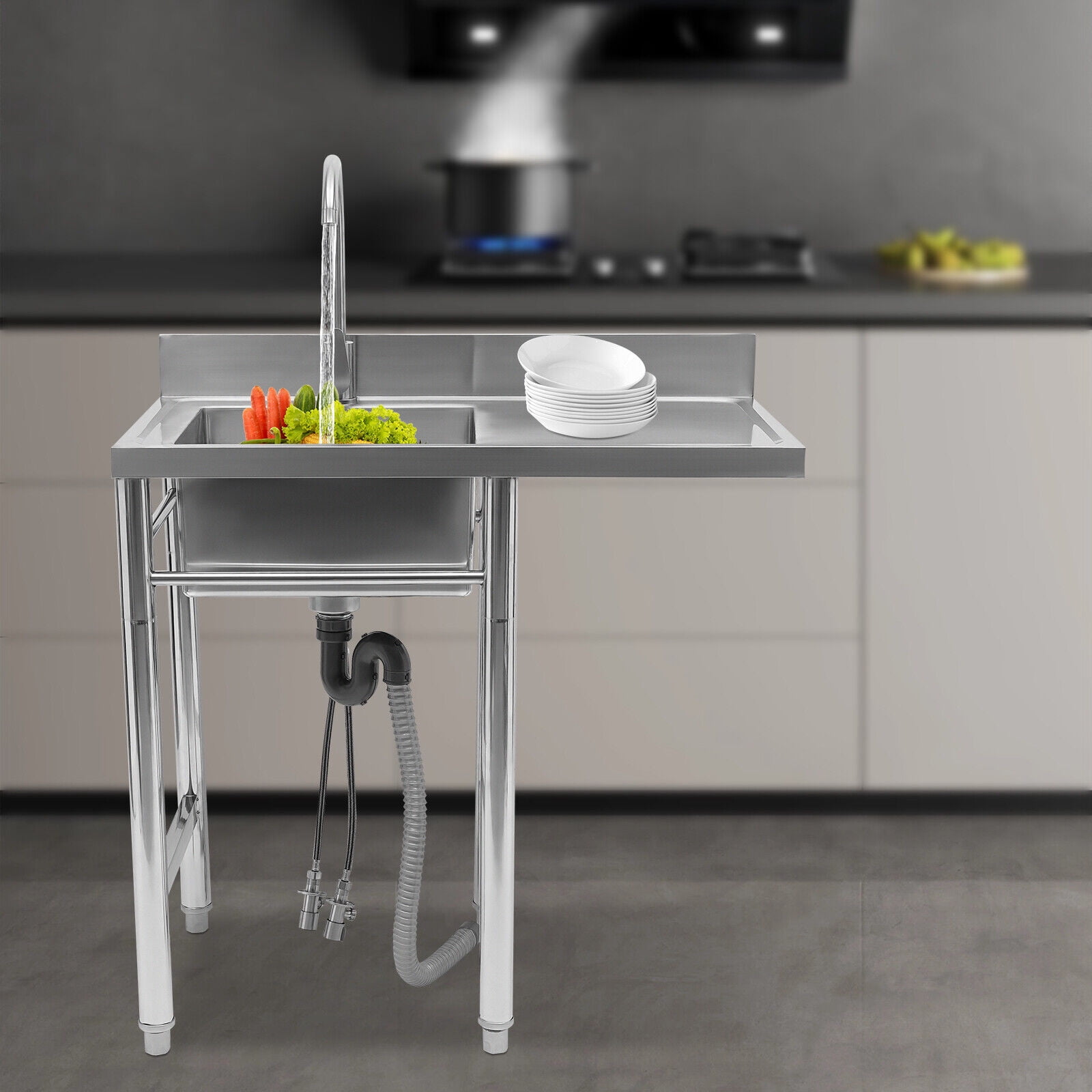 Miumaeov Commercial Stainless Steel Kitchen Sink 1 Compartment Workbench Sink Free Standing Kitchen Prep & Utility Sink with Drainboard for Restaurant Laundry Room 35.4" W x 21.2" D x 39.3" H