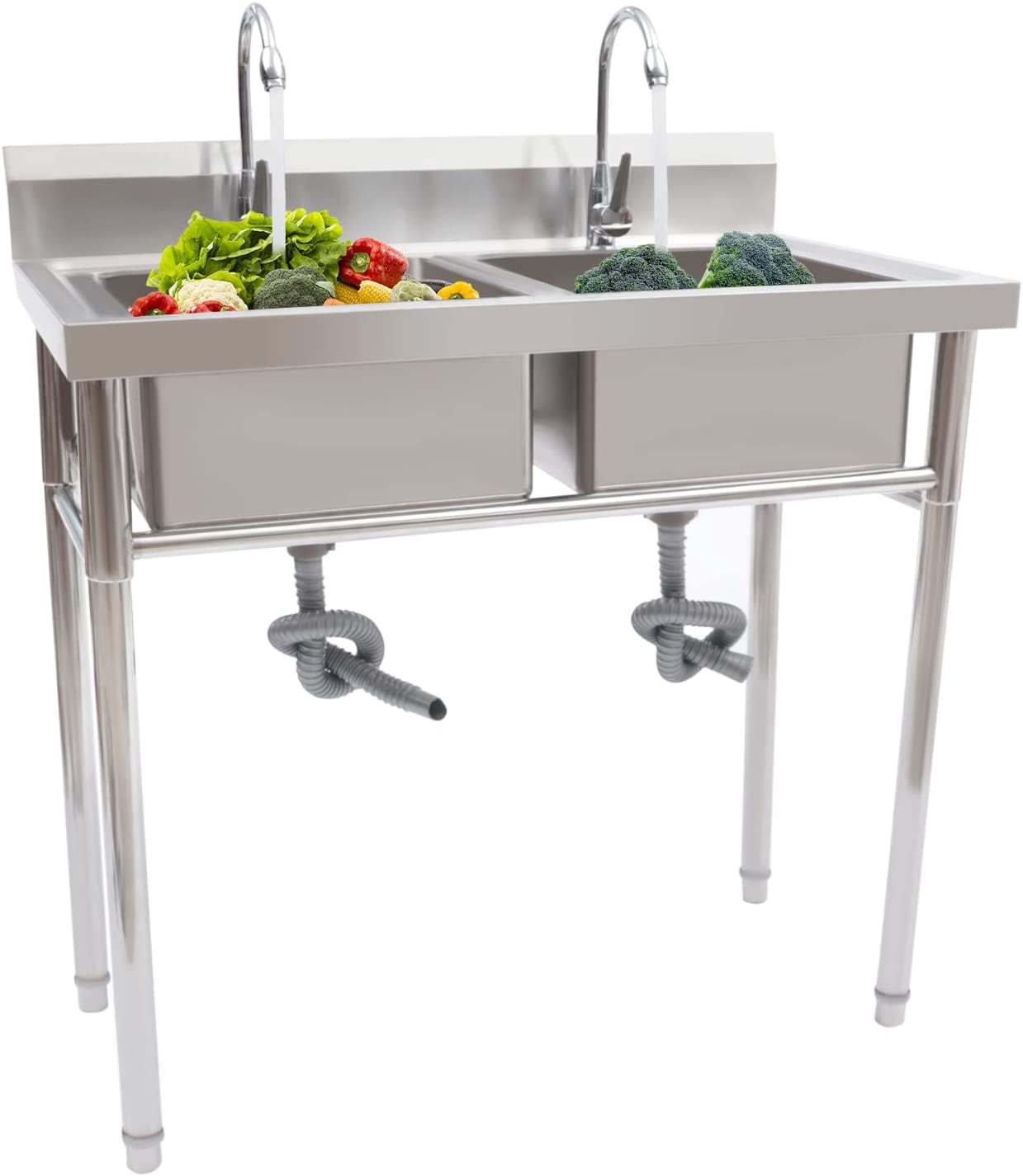 Miumaeov Commercial Stainless Steel Kitchen Utility Sink w Backsplash 2 Compartments