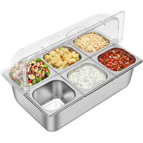 Miumaeov Countertop Food Display Container Ice Food Serving Tray 6 Pans Chilled Buffet Condiment Dispenser Appetizer Spice Fruit Cold Serving