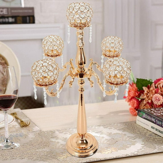 Miumaeov Crystal Candelabra, 5 Arm Crystal Candelabra Centerpiece Votive Candle Holder with Hanging Crystal Drops for Wedding, Dinner Party & Formal Event Centerpiece (75cm)