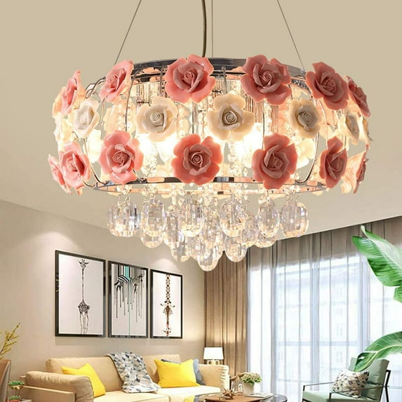 Miumaeov Crystal Chandelier Lighting, Modern Romantic Ceramic Pink Rose Crystal Chandelier Flush Mounted LED Ceiling Lamp Fixture with E14 Base for Living Room Bedroom Dining Room Decor