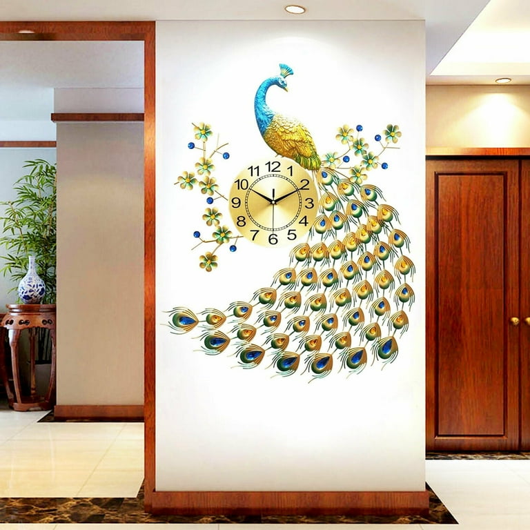 Miumaeov 3D Diamond Peacock Wall Clock, Luxury Metal Decor for