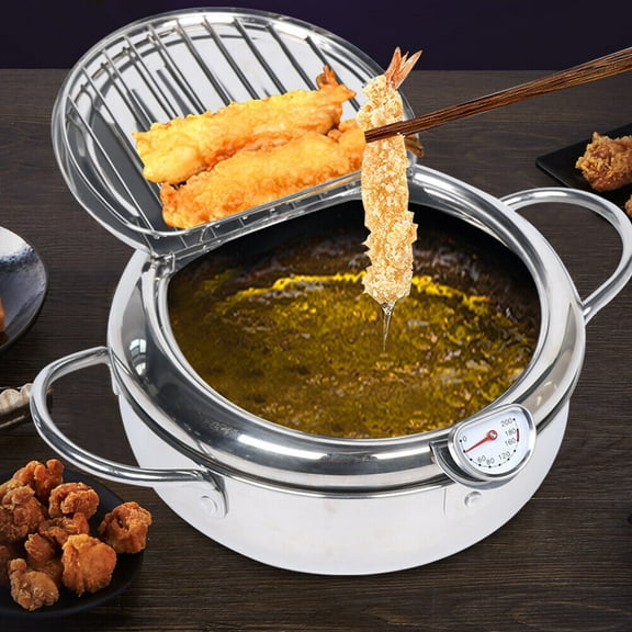 Miumaeov Deep Fryer Pot Stainless Steel Fry Pan with Temperature Display and Oil Drip Rack Lid