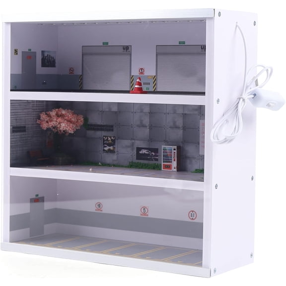Miumaeov Display Case, 1/64 Car Garage Parking Lot Model Scenic Diorama Display Car Park ,Display Display Molde with LED Lights for Storage & Display