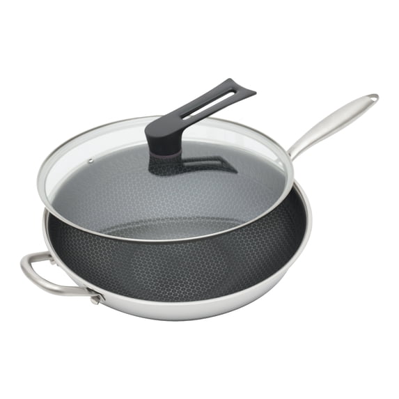 Miumaeov Double Sided Honeycomb Cooking Frying Pan Stainless Steel Non Stick w/ Glass Lid