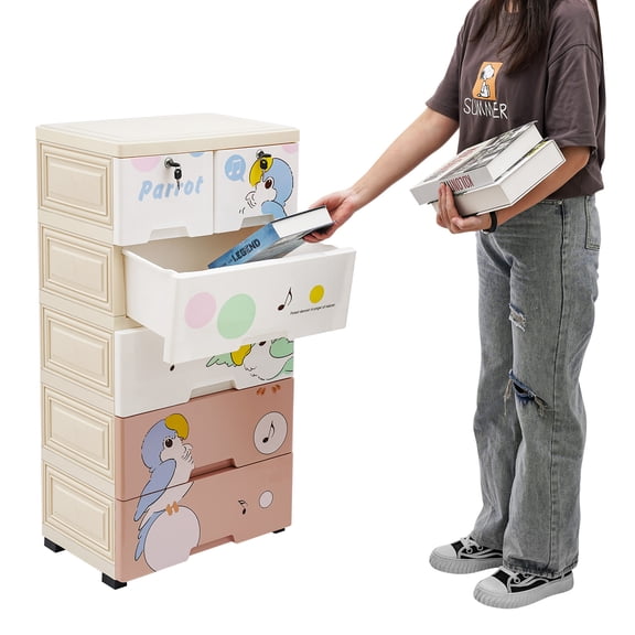 Miumaeov Drawer Storage Cabinet 5Layer 6Drawer Parrot Cartoon Pattern Storage Cabinet with Wheels Storage Organizer for Clothes Accessories