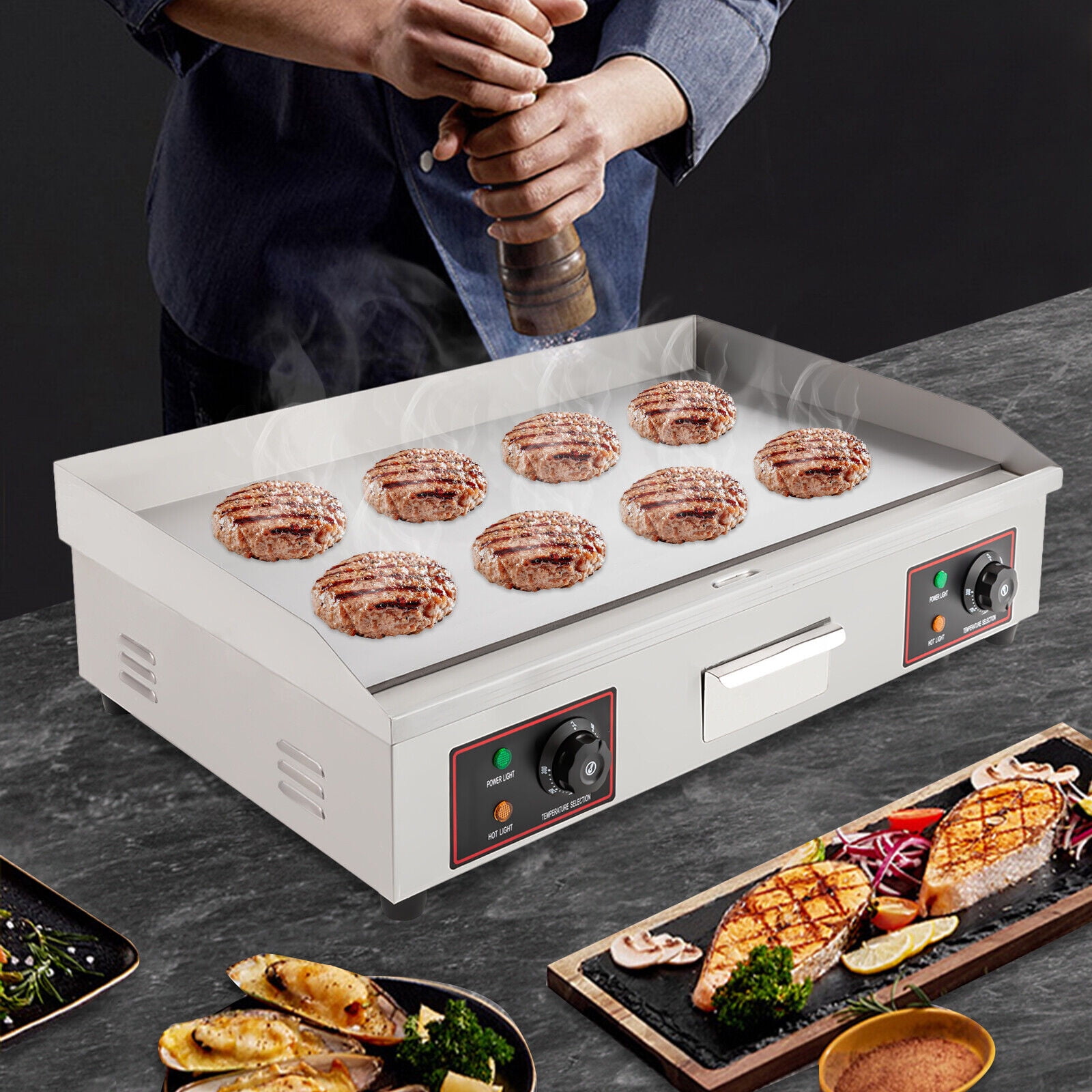 Miumaeov Electric Countertop Flat Top Griddle 110V 3000W Food Grade Stainless Steel Commercial Kitchen with Adjustable Temperature Control 122-572