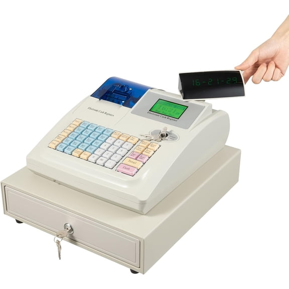 Miumaeov Electronic Cash Register for Small Businesses, 48 Keys POS System with LED Display, Thermal Printer & Drawer, Multifunction Cashier Register for Cafes