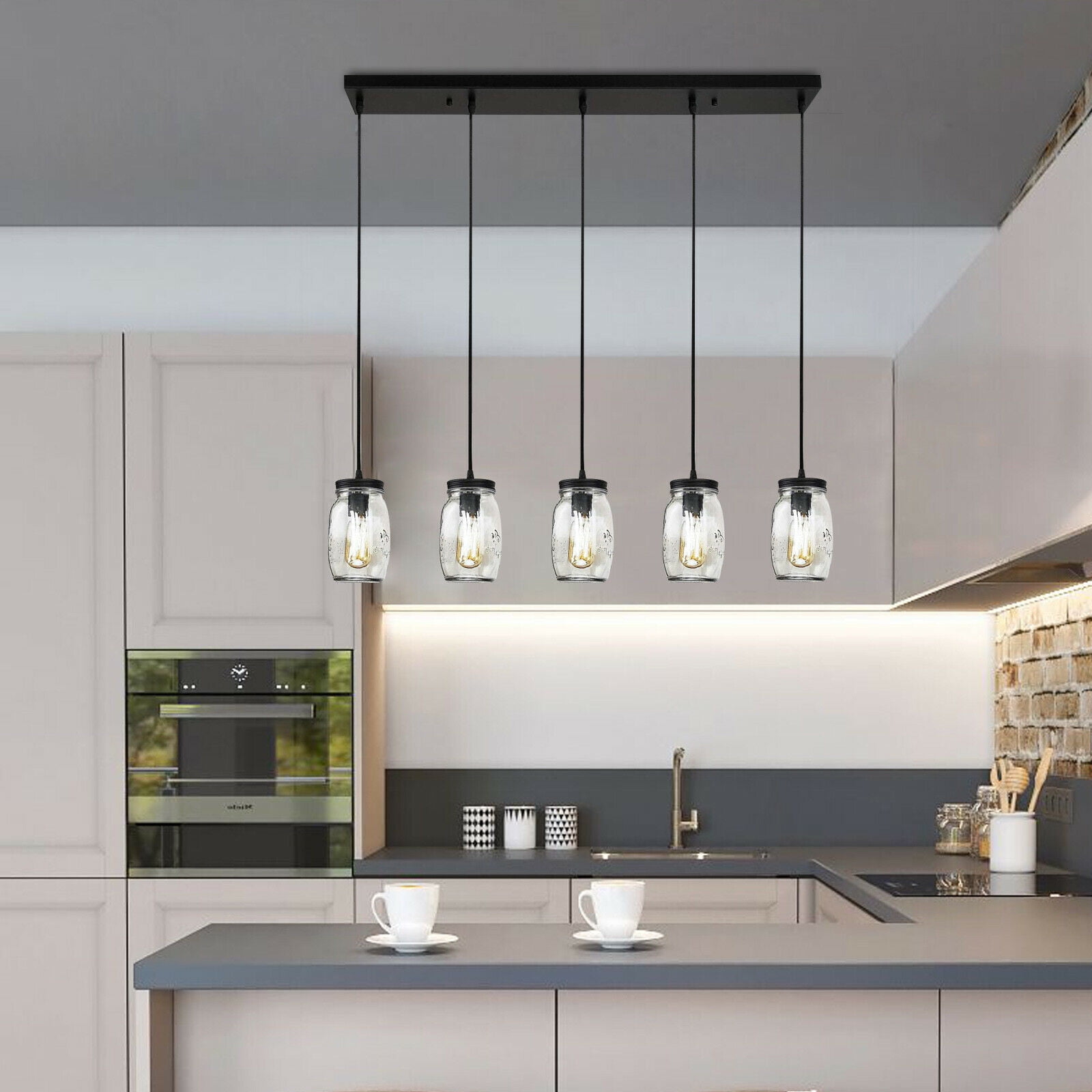 Miumaeov Farmhouse Chandelier Glass Mason Jar Adjustable 5-Lights Chandelier Light Fixture Rustic Pendant Light Matte Black Finish for Dining Room Billiard Room Living Room Cafe Pub
