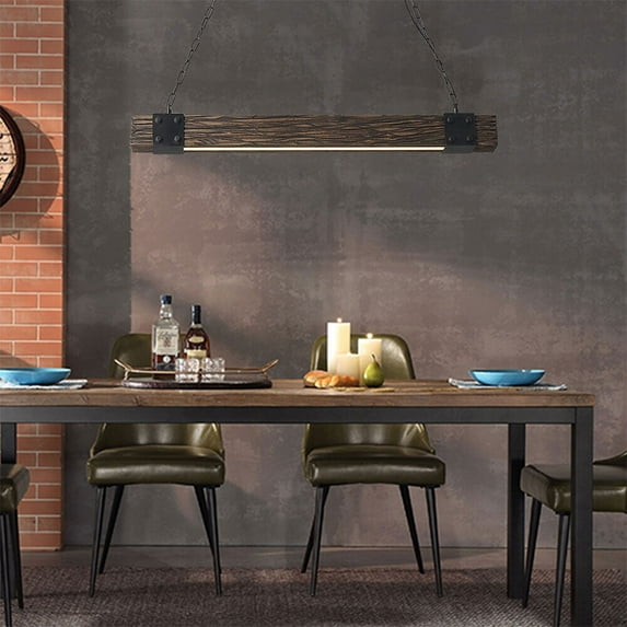 Miumaeov Farmhouse Wooden LED Ceiling Light Fixtures Long Vintage Linear Pendant Lighting Adjustable Cord for Kitchen Island Living Room Dining Room Office