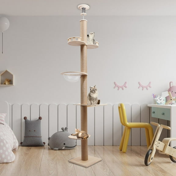 Miumaeov Floor-to-Ceiling Cat Tree Cat Climbing Tower with Adjustable Height 4-Tier Cats Scratching Post with Springboard Space Capsule U-Shaped Hammock