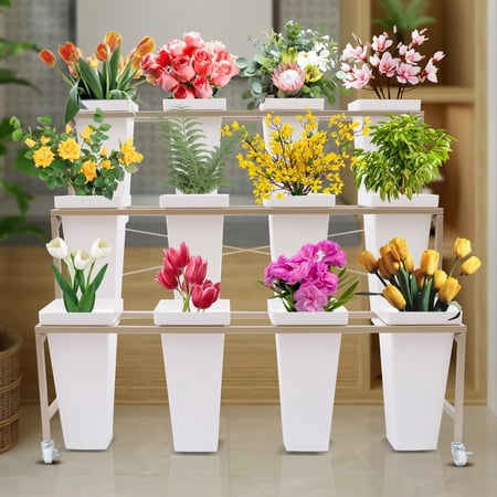 Miumaeov Flower Display Stand With 12PCS Buckets, 3 Layers Metal Plant Stand with Wheels, Heavy Duty Moving Plant Cart Shelf, for Indoor, Outdoor Patio Garden, Living Room, Florist