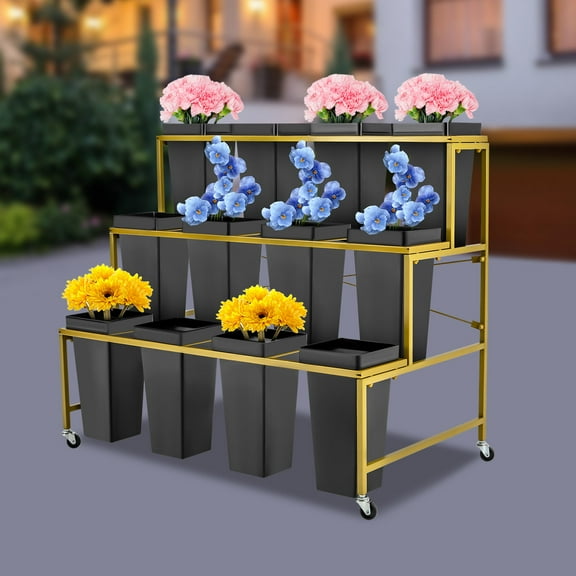 Miumaeov Flower Display Stand With 12PCS Buckets, 3 Layers Metal Plant Stand with Wheels, Heavy Duty Moving Plant Cart Shelf, for Indoor, Living Room, Florist (Black - Square Bucket)