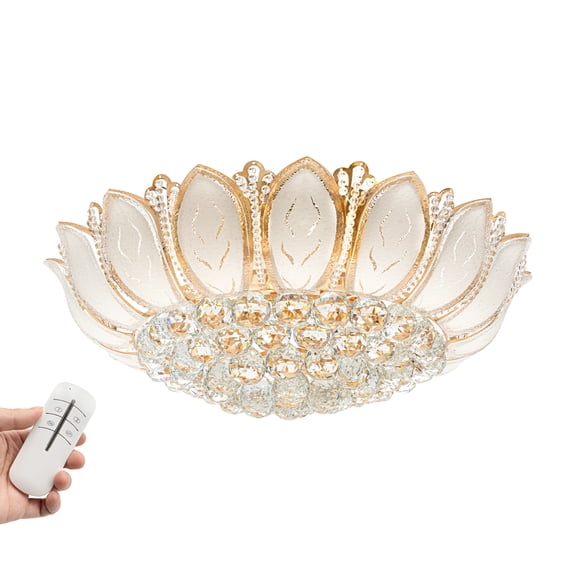 Miumaeov Flower Shaped Crystal Chandelier 110V Gold Ceiling Lighting Lotus LED Pendant Hanging Lamp Fixture(with Remote Control)
