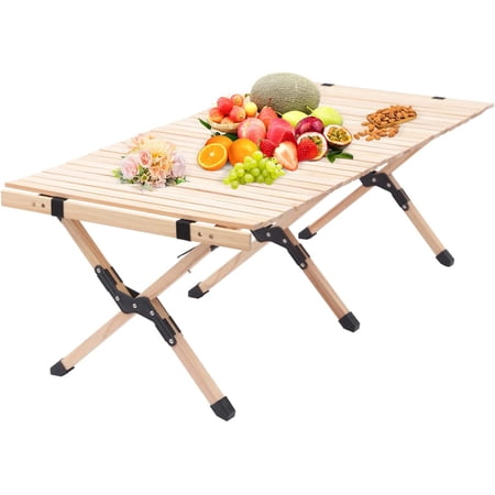 Miumaeov Foldable Camping Table Slated Top Wooden Folding Picnic Coffee Table Rectangular