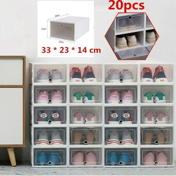 Miumaeov Foldable Shoe Box, 20 Pcs Plastic Stackable Clear Shoe Storage Box, Shoe Container Organizer Case, Clamshell Storage Box