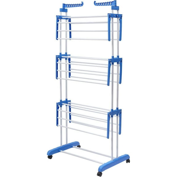 Miumaeov Folding Dryer Hanger with Casters, 3-Layer Portable Stand Towel Rack Clothes Drying Rack for Outdoor or Indoor (Blue)