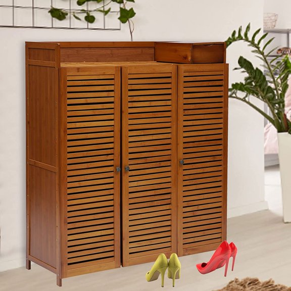 Miumaeov Free Standing Shoe Racks, Bamboo 7 Tier Shoe Storage Cabinet with Doors for Closet, Free Standing Shoe Rack for Entryway Bedroom Hallway Living Room Hotels