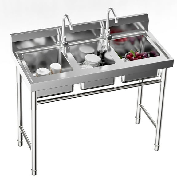 Miumaeov Free Standing Three Bowl Kitchen Sink Set, 3 Compartment Commercial Kitchen Sink Stainless Steel Restaurant/Garage Prep & Utility Sink