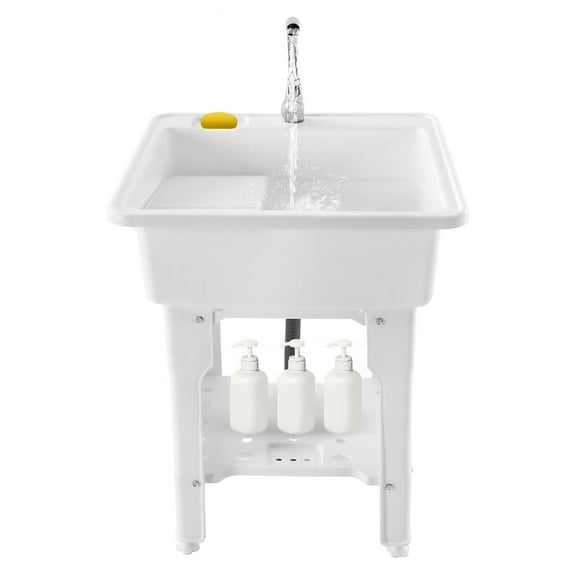 Miumaeov Freestanding Utility Sink Plastic Laundry Tub Wash Bowl Basin w/ Hot &Cold Faucet Washboard Drain Kit