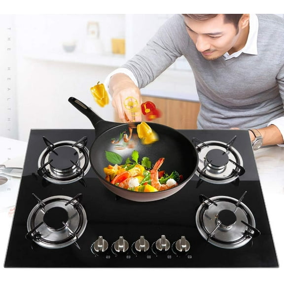 Miumaeov Gas Cooktop 30" Tempered Glass Gas Hob LPG/NG Cooktops Cooker Cooktop High Power Burners Kitchen Cooktop Black