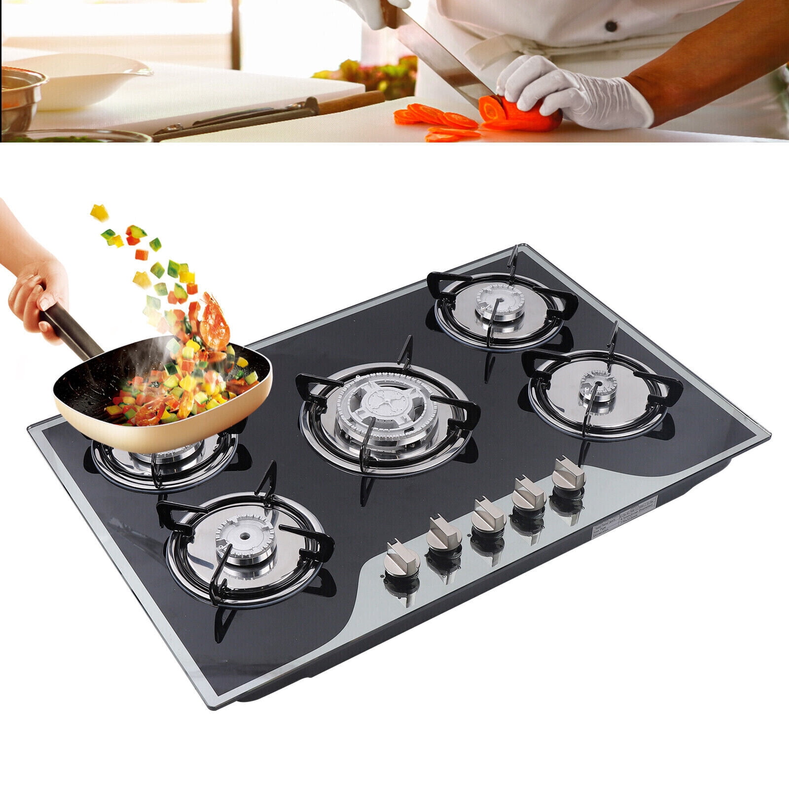 5-Burner Gas Cooktop with Automatic Pulse Ignition - Tempered Glass, LPG/NG Convertible, Easy to Clean