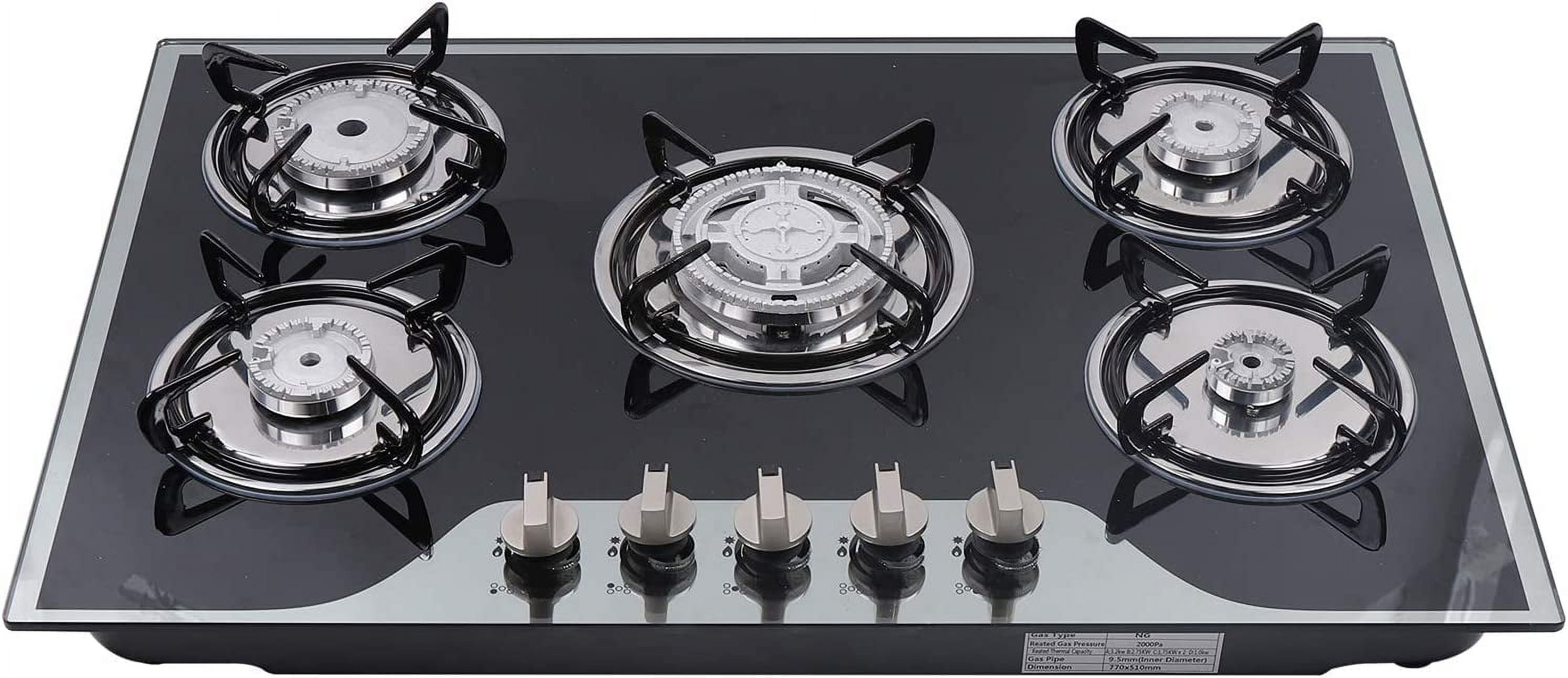 Miumaeov Gas Cooktop Stove Build-in 5 Burners 8 mm Tempered Glass Battery Pulse Ignition