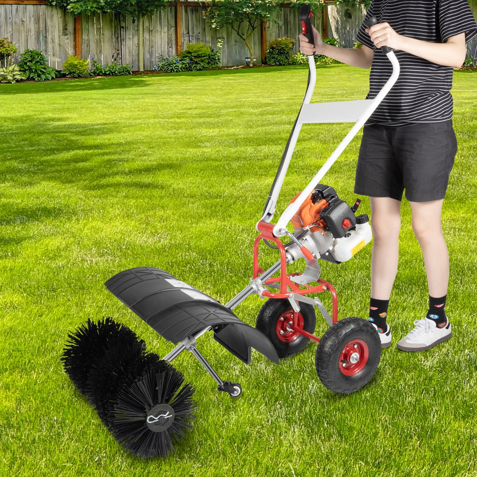 Miumaeov Gasoline Power Sweeper, 52CC 2-Stroke Double Handle Gas Powered Walk Snow Plow with Nylon Brush Sweeping Broom Hand Held Driveway Turf Cleaning