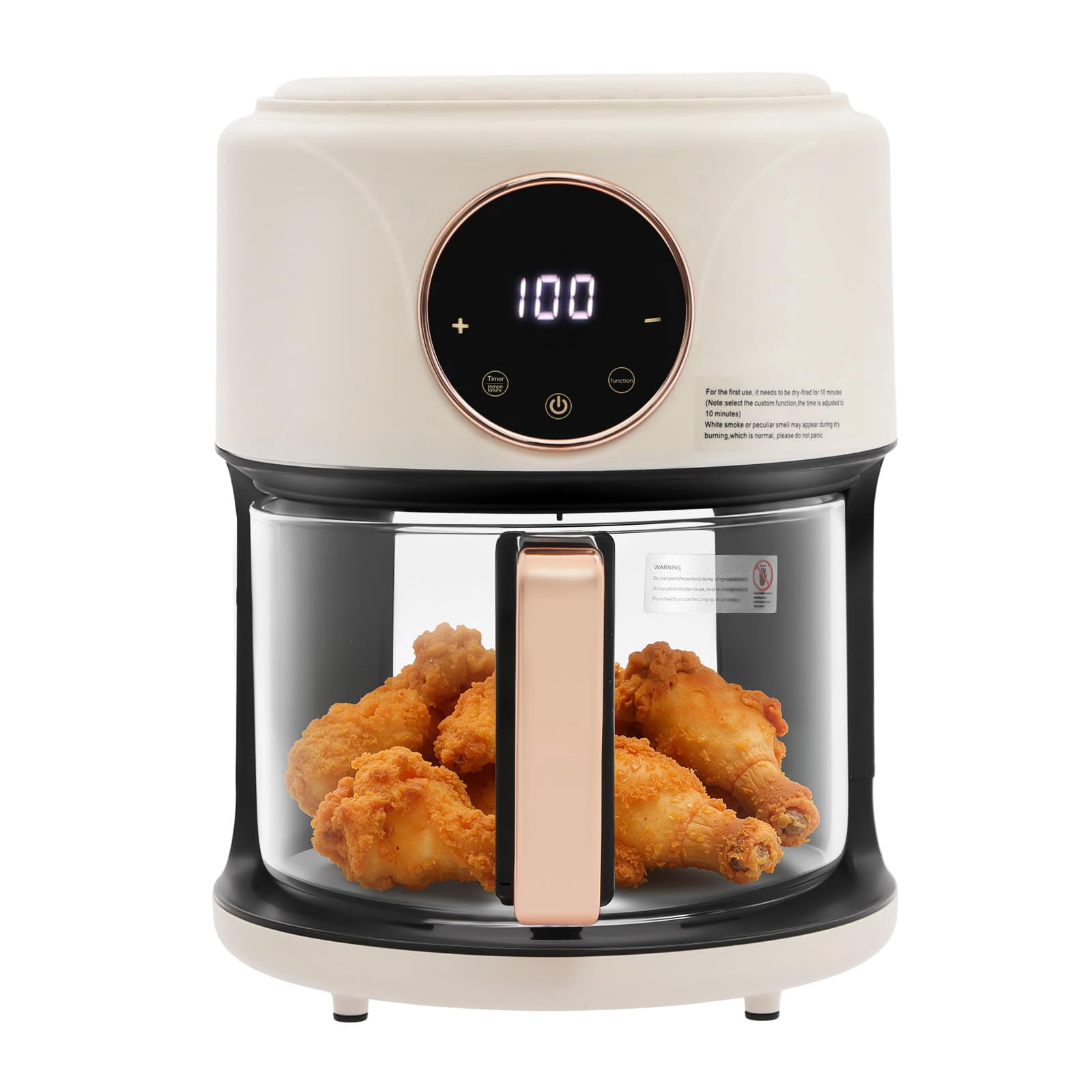 Miumaeov Glass Air Fryer 4.4 Qt, 1200W 8-in-1 Oil-Free Digital Airfryer with 360° Viewing Window, Nonstick Dishwasher-Safe Pot, Stainless Steel Rack, Countertop Compact, White