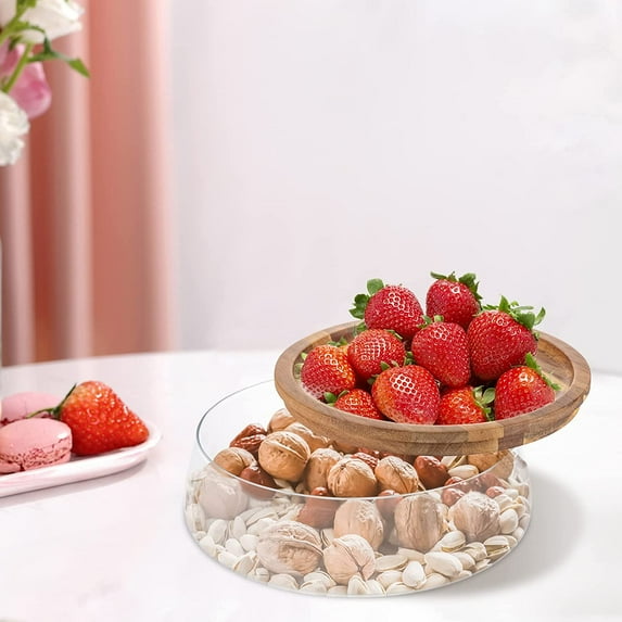 Miumaeov Glass Salad Bowl with Wooden Lid Clear Glass Candy and Nuts Serving Container Round Food Storage Platter for Home Kitchen Party Candy Nuts Fruit