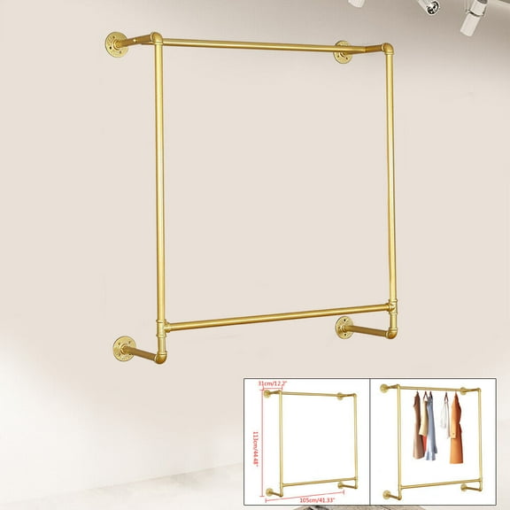 Miumaeov Gold Clothes Display Rack Industrial Iron Pipe Clothing Rack Wall Mounted Dress Bridal Garment Retail Display Stand