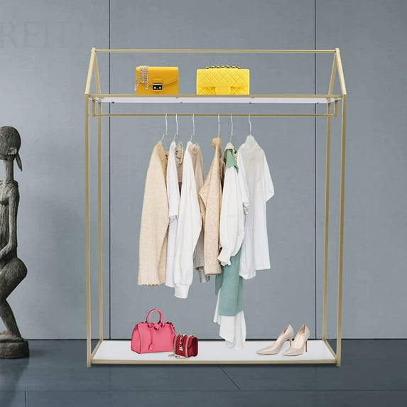 Miumaeov Gold Free-Standing Garment Rack, Metal Clothing Rack with Double Storage Shelves, Clothes Display Racks for Home, Boutique, Studio, Retail