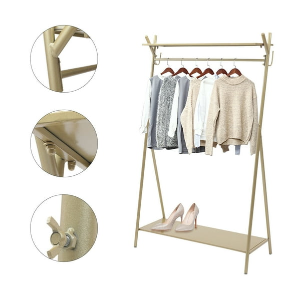 Miumaeov Gold Freestanding Garment Rack, Modern Hanging Clothes Stand Display Storage Rack, Clothes Rack with Bottom Storage Shelf for Organizing Coat, Clothes, Shoes
